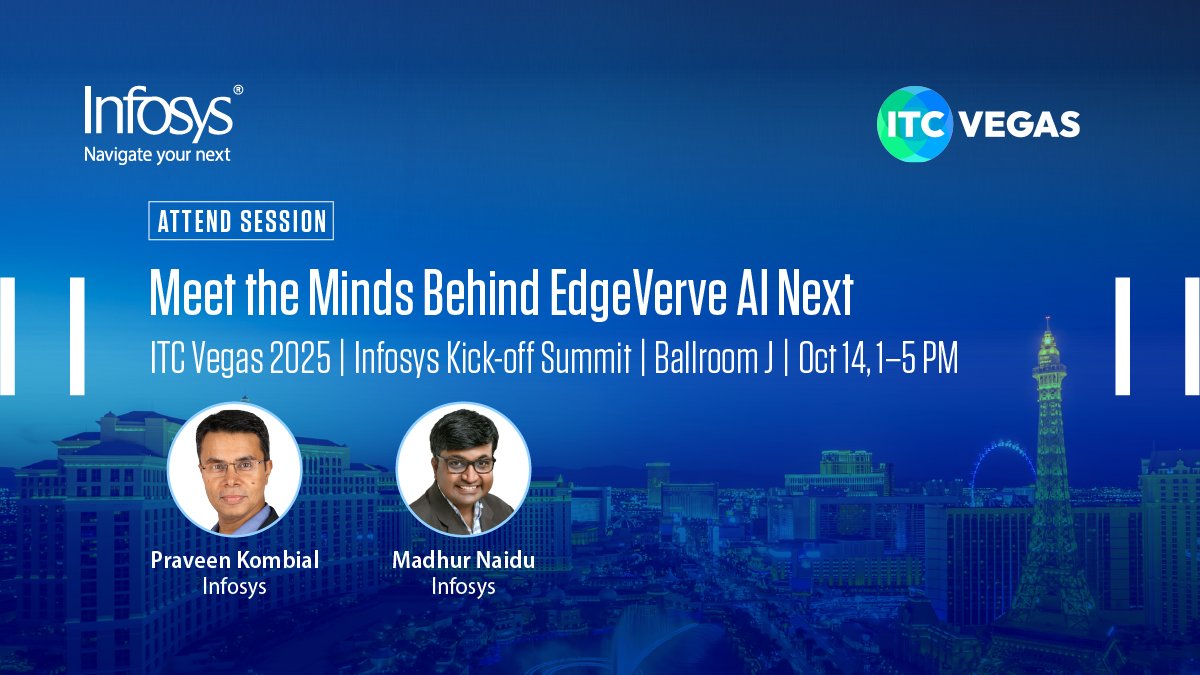 InfosysEvents's tweet image. Hear from industry leaders such as Praveen Kombial and Madhur Naidu, on how Agentic AI is powering the next era of insurance operations. With real-world demos and strategic insights, EdgeVerve's session is a must-attend for insurers ready to lead with intelligence. Join our…