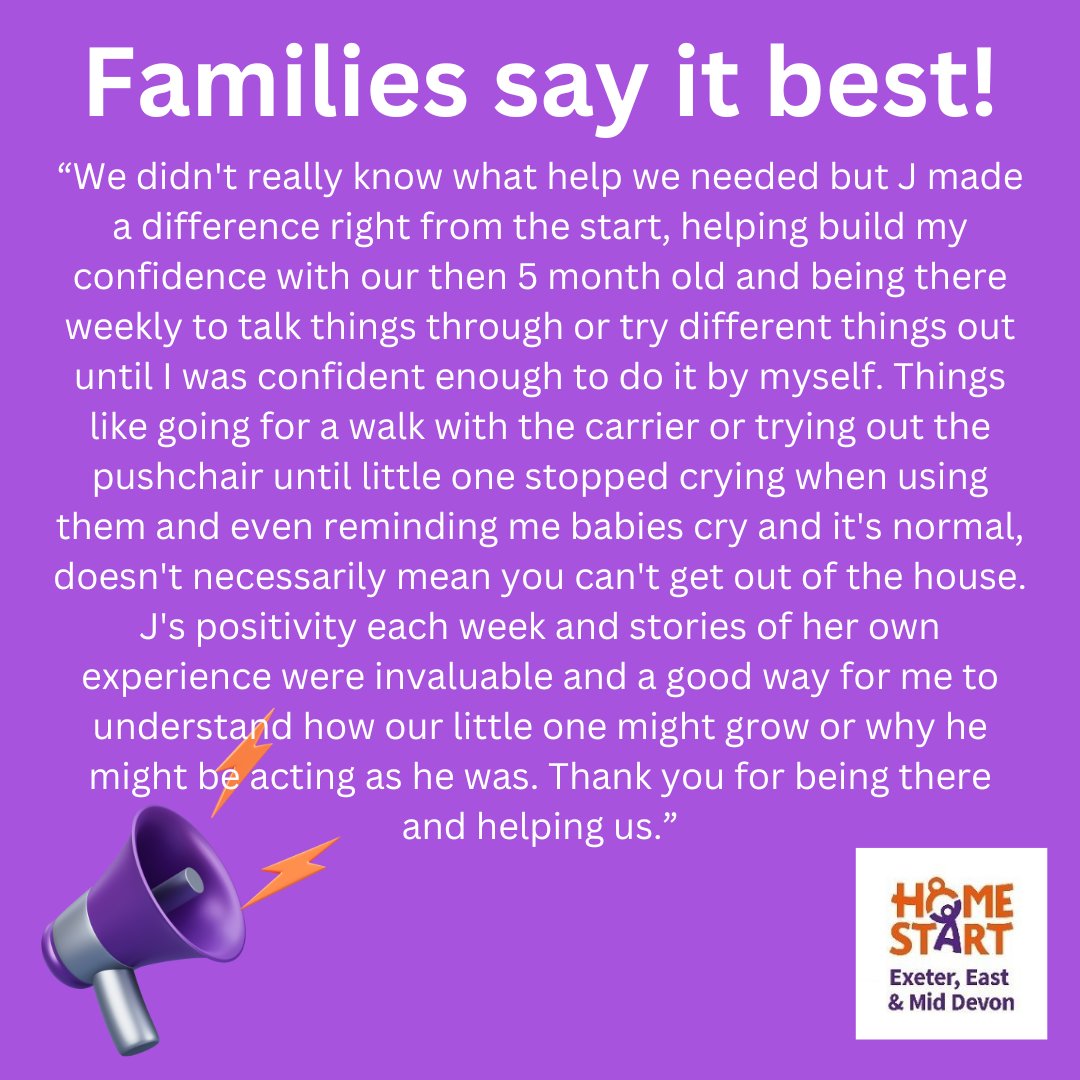 We just love receiving feedback from the families we support 🧡 Could you help parents who are feeling overwhelmed? Our next volunteer training course starts soon so get in touch for more info homestarteemd.org.uk/contact-us/
#Devon #Exeter #volunteer