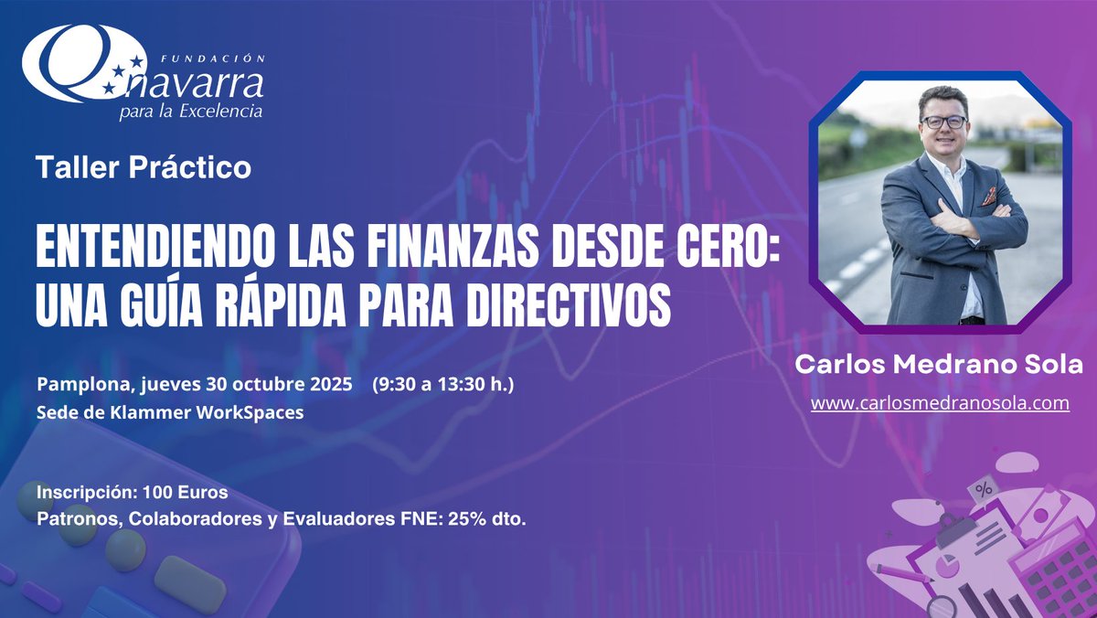 🔴Taller práctico: ENTENDIENDO LAS FINANZAS DESDE CERO: UNA GUÍA RÁPIDA PARA DIRECTIVOS
#FinanzasParaNoFinancieros
👨‍🏫 Director del taller: carlosmedranosola.com
📲 Inscripciones: qnavarra.com/evento/taller-…
🏢 Sede: <a href="/klammerws/">Klammer WorkSpaces</a>  (Pamplona)