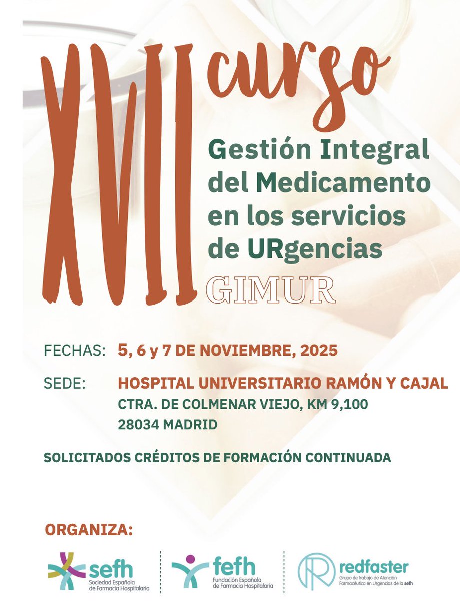 ¡ÚLTIMOS DÍAS para apuntarse a la próxima edición del curso GIMUR!📢

Este año además contamos con nuevas sesiones😍:

🚀IA aplicada a Urgencias
💊Abordaje de enfermedades minoritarias
🏥Código VISEM 

📅Fecha límite: 19/10

No os lo perdáis!!

🔗 sefh.es/eventos/curso/…
