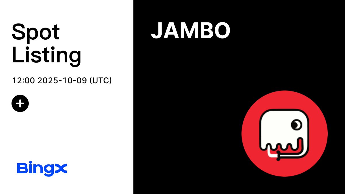 BingXListing's tweet image. Empowering the next billion to join Web3. $JAMBO is coming soon to BingX Spot. @jamboonnear

Deposit Time: Already available 
Trading Time: 2025-10-09, 12:00 (UTC+0) 
Withdrawal Time: 2025-10-10, 12:00 (UTC+0)