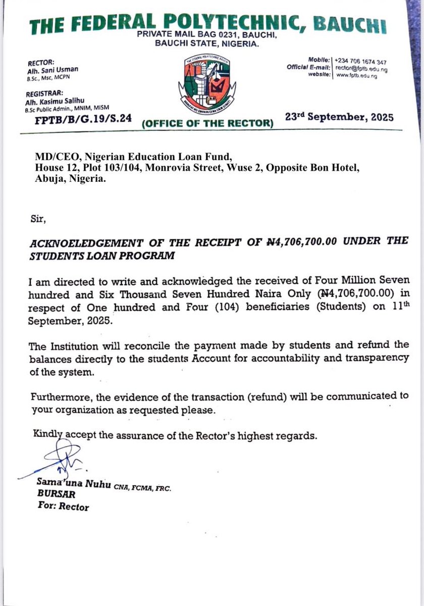 Disbursement Announcement

We are pleased to announce the disbursement of ₦4,706,700.00 to 104 beneficiaries at the Federal Polytechnic, Bauchi.

This disbursement underscores our continued commitment to supporting educational institutions and empowering individuals through