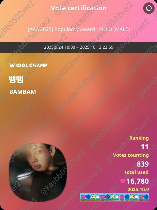 🚨ตอนนี้น้องแบมลงมาอยู่อันดับที่ 11 แล้วค่า มาดึงน้องขึ้นไปอยู่ใน 10 คนแรกกันนะค้า🙏🥹
-มาโหวตให้น้องแบมเข้ารอบ Final รางวัล Asia Artist Award 2025 Popularity Award: Solo (Male) กันต์นะคะ💪
-โหวตในแอป IDOLCHAMP 1 โหวต = 20 ใจชมพู โหวตได้สูงสุด 100 โหวต (2000 ใจชมพู) ต่อวัน