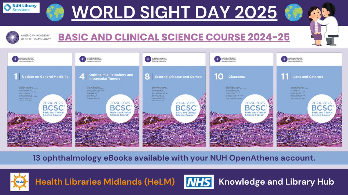 Today is #WorldSightDay: a reminder of the importance of eye health &amp; the impact of eye-related ailments. 

Access our #ophthalmology resources with OpenAthens, including the complete Basic &amp; Clinical Science Course (2024-5). View list of 13 eBooks at bit.ly/3V2eUrK. 🔍