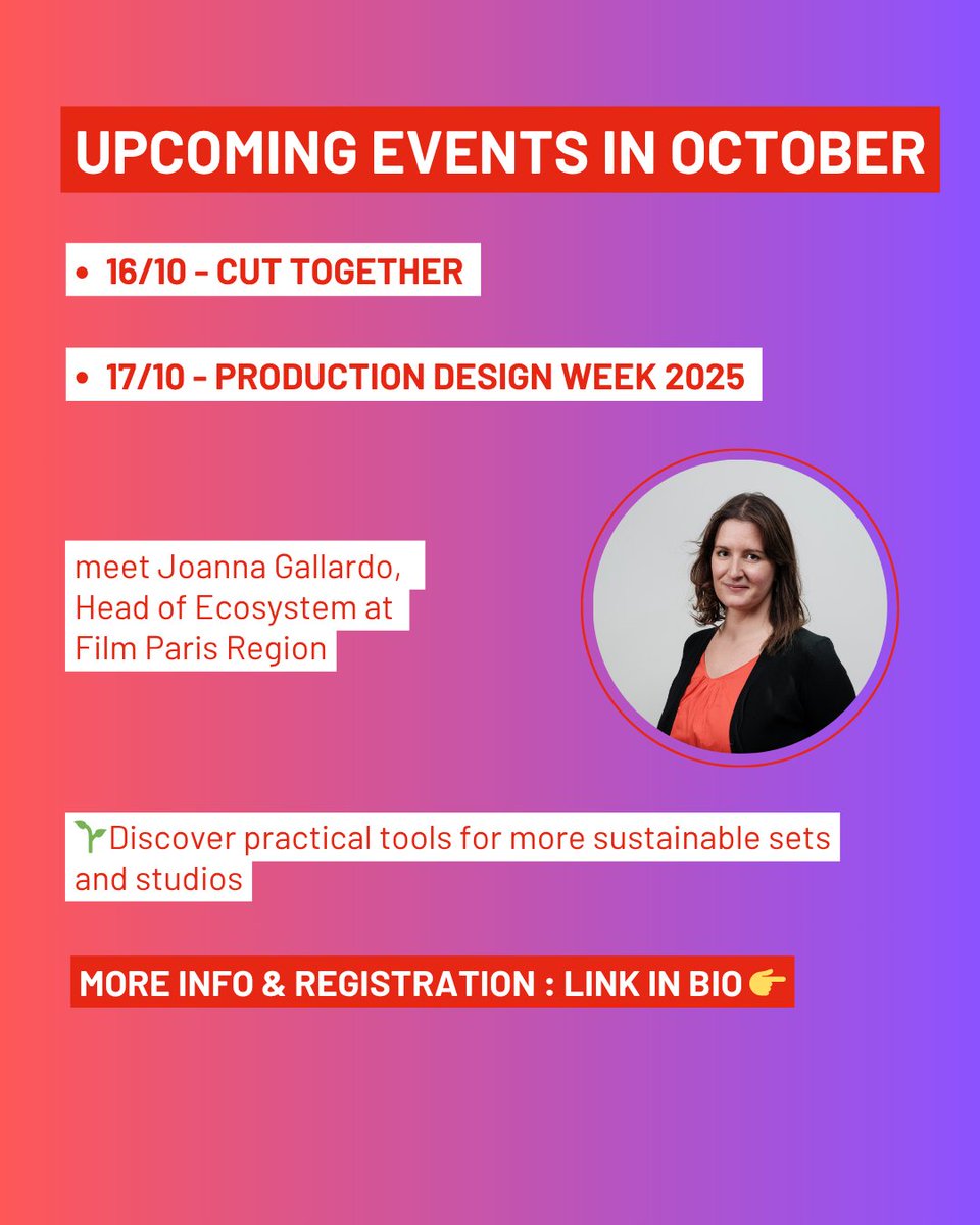 filmparisregion's tweet photo. 🎬 En octobre, retrouvez Film Paris Region :

📍 CUT TOGETHER – 16/10 : table ronde sur les tournages durables

📍 Production Design Week – 17/10 : outils pour décors et studios durables

🌱 Infos &amp; inscription : https://t.co/ehKVDbrsFA

#ParisRegion #CinémaDurable https://t.co/1o0v72QV2G