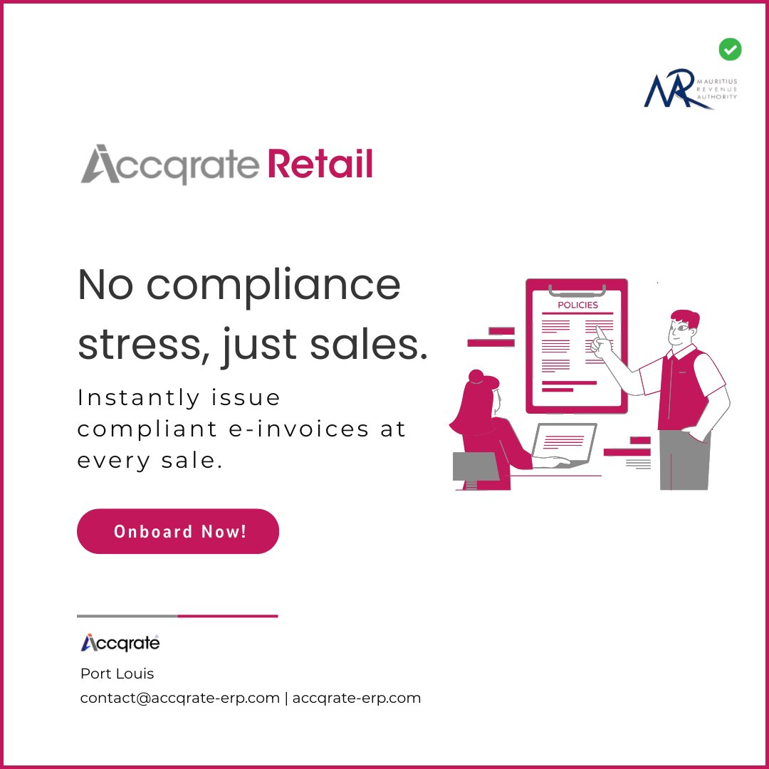 AccqrateM's tweet image. Instantly Compliant, Effortlessly Retail
With #AccqrateRetail, issue MRA-compliant e-invoices instantly at every sale, fast, secure, and fully compliant.
#MRACompliance #MauritiusTech #EInvoicing #Mauritius #MauritiusIsland #Retail #PointOfSale #PointOfSaleSystem