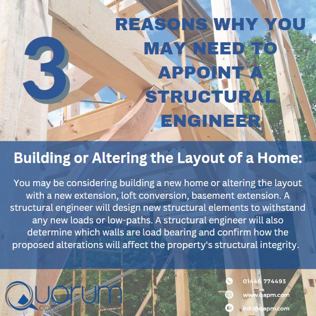 There are many reasons why you may need to appoint a #StructuralEngineer.  
Swipe across to find out why ➡️ 
If #Quorum can help with your structural engineering needs, please feel free to contact us:  01446 774493 
#StructuralDefects #StructuralSurvey #NewBuild