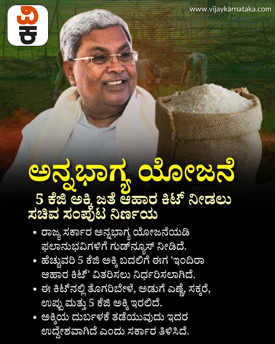 Vijaykarnataka's tweet photo. ಅನ್ನಭಾಗ್ಯ ಯೋಜನೆ: 5 ಕೆಜಿ ಅಕ್ಕಿ ಜತೆ ಆಹಾರ ಕಿಟ್‌ ನೀಡಲು ಸಚಿವ ಸಂಪುಟ ನಿರ್ಣಯ; ಕಿಟ್‌ನಲ್ಲಿ ಏನೆಲ್ಲಾ ಇರುತ್ತೆ?

#AnnaBhagya #FoodKit #KarnatakaGovernment #CabinetDecision #FreeRiceScheme #WelfareScheme https://t.co/K2DglH3CNd