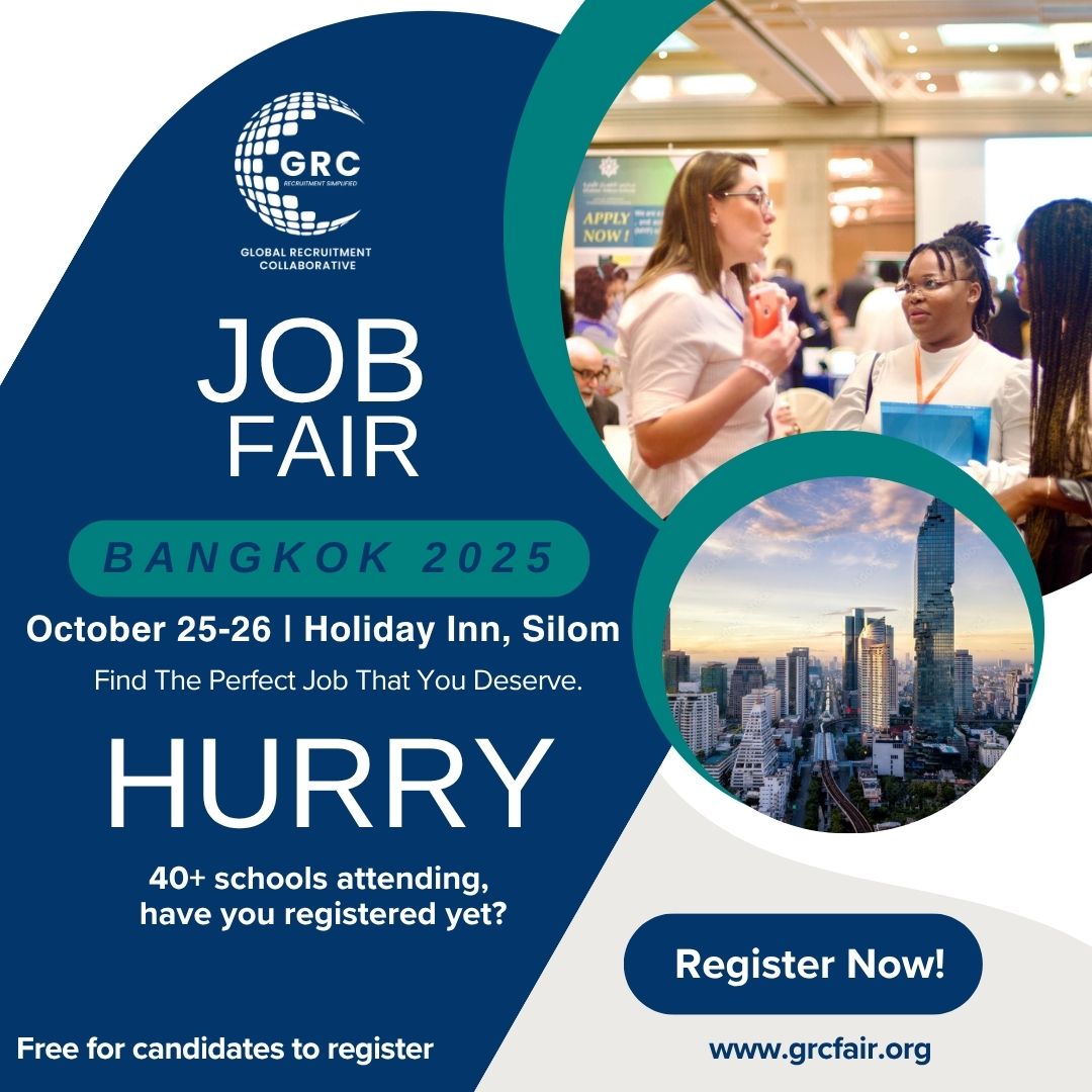Final call! The countdown to the GRC Bangkok Job Fair 2025 has begun.
40+ international schools. Endless possibilities. 

 📍 October 25–26 | Holiday Inn, Silom
 🎟️ Free for candidates

Register now before it’s too late! grcfair.org