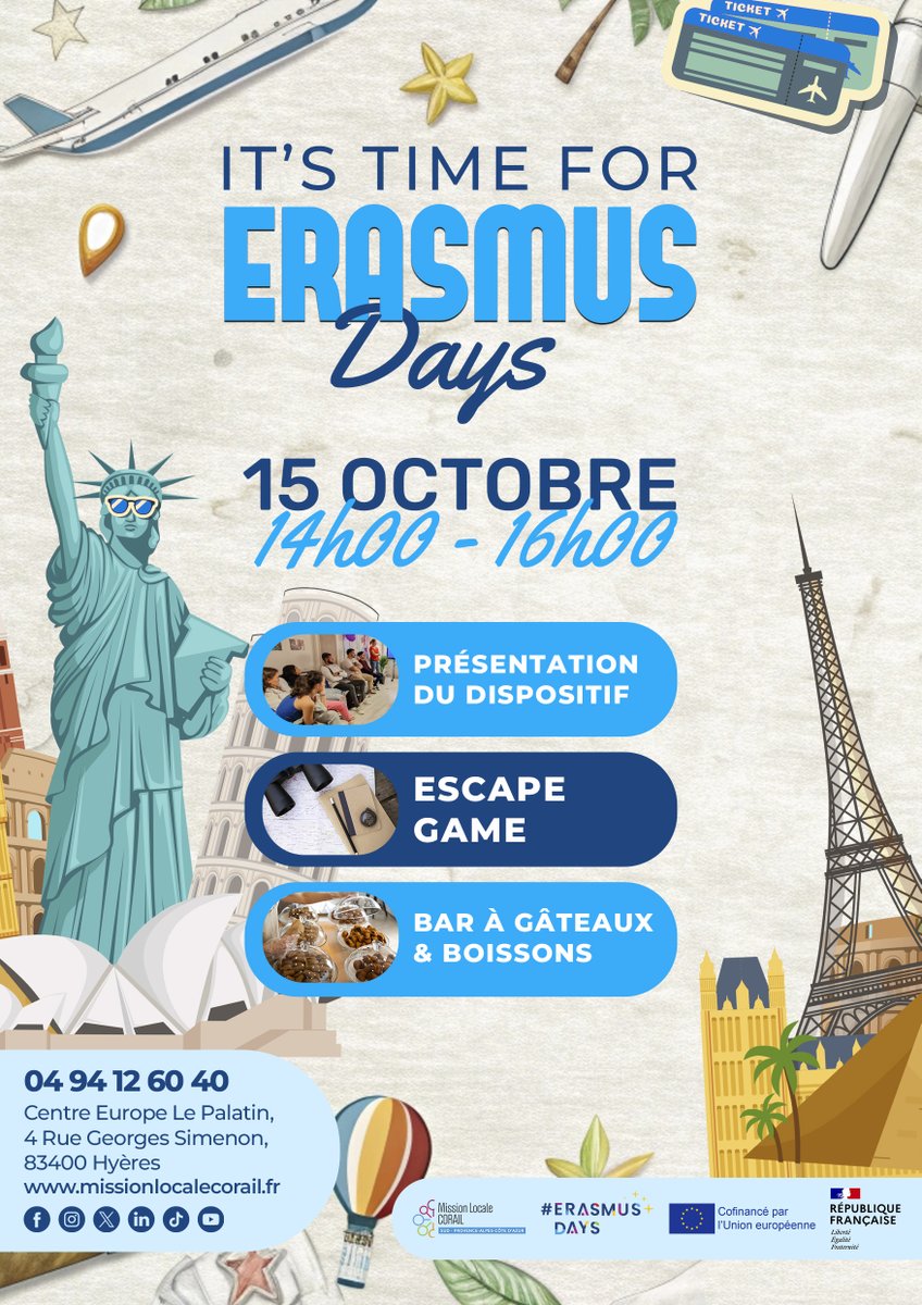 🌍 Du 13 au 18 oct., c’est la 9ème édition des #ErasmusDays !

Rendez-vous le mercredi 15 octobre de 14h à 16h avec notre référente mobilité pour un moment fun, convivial et plein de bons plans pour partir à l’étranger ! ✈️

#ErasmusPlus #MobilitéInternationale #Voyage #Aventure