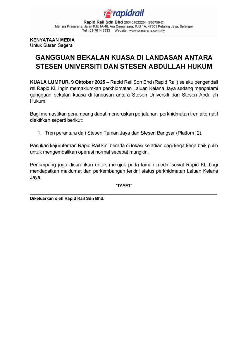 Kenyataan Media

GANGGUAN BEKALAN KUASA DI LANDASAN ANTARA STESEN UNIVERSITI DAN STESEN ABDULLAH HUKUM
