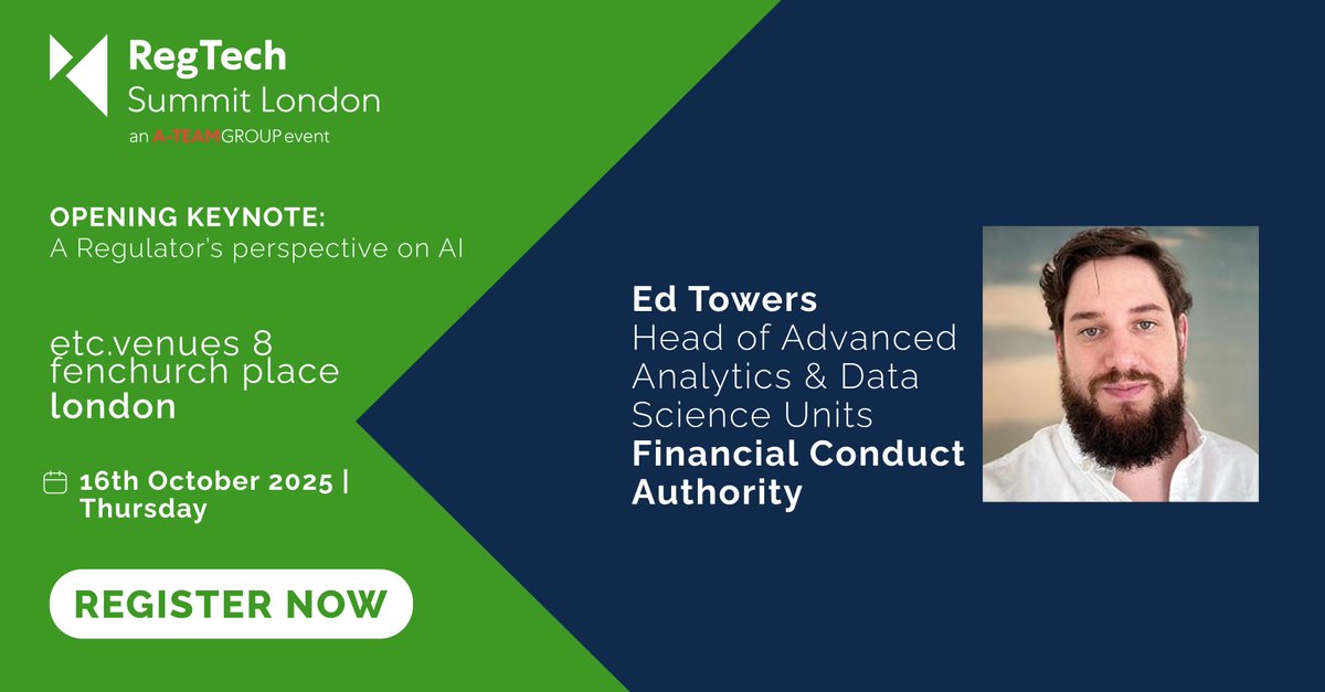 ATeamInsight's tweet image. Ed Towers, Head of Advanced Analytics &amp;amp; Data Science Units, @TheFCA will give a &apos;Regulator&apos;s perspective on AI&apos; at RegTech Summit London on 16th October.

Secure your place here: eu1.hubs.ly/H0nGgGJ0

#RTSLDN #regtech #regtechsummit #FCA #AI