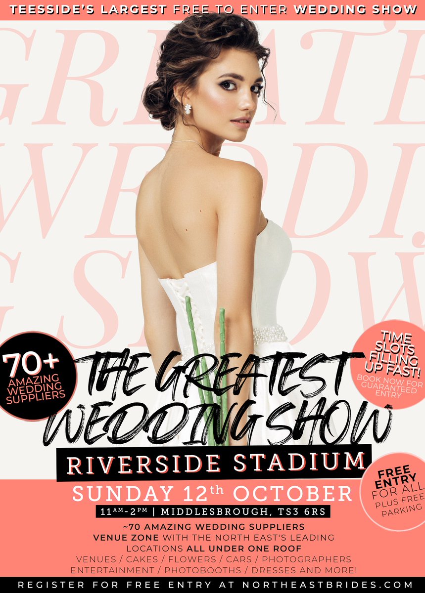 ✨ Catch up at Middlesbrough Riverside Stadium this SUNDAY for TEESSIDE'S LARGEST FREE ENTRY WEDDING SHOW with <a href="/NorthEastBrides/">North East Brides</a>! ✨

📍 WHERE: <a href="/RiversideStad/">Riverside Stadium</a> Middlesbrough TS3 6RS
📆 WHEN: Sunday 12th October 2025
🕙 TIME: 11am-2pm

⚡️ REGISTER NOW: northeastbrides.com/riverside-stad…