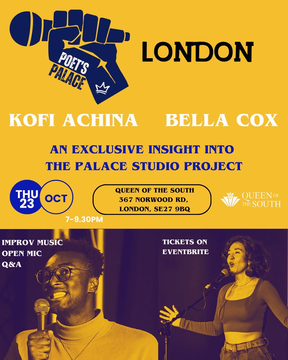qotspub's tweet image. 🚨 CANCEL YOUR PLANS 🚨 

The Palace Studio Live Show is hitting the Queen on Thursday 23rd October at 7:00PM sharp. This is your only shot to hear the epic debut poetry-meets-music tracks with icons Kofi Achina and Bella Cox. 

Tickets are selling out fast!