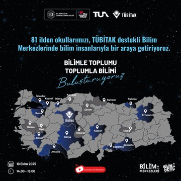 First image is a promotional poster with logos of TÜBİTAK, TÜBA, and other Turkish scientific organizations at the top, Turkish flag elements, and text announcing World Space Week special event on October 10 2025 from 14:00 to 15:00. It features illustrations of satellites, rockets, and space stations in blue and white colors, details about live streaming with 81 province students and scientists including Alper Gezeravcı, and a Kocaeli Science Center talk from 14:30 to 15:30. Second image shows a map of Turkey highlighting TÜBİTAK science centers in various cities like Istanbul, Ankara, and Izmir in blue, with text about connecting 81 province schools and students through supported science centers for science and society events on October 10 2025 from 14:00 to 15:00.
