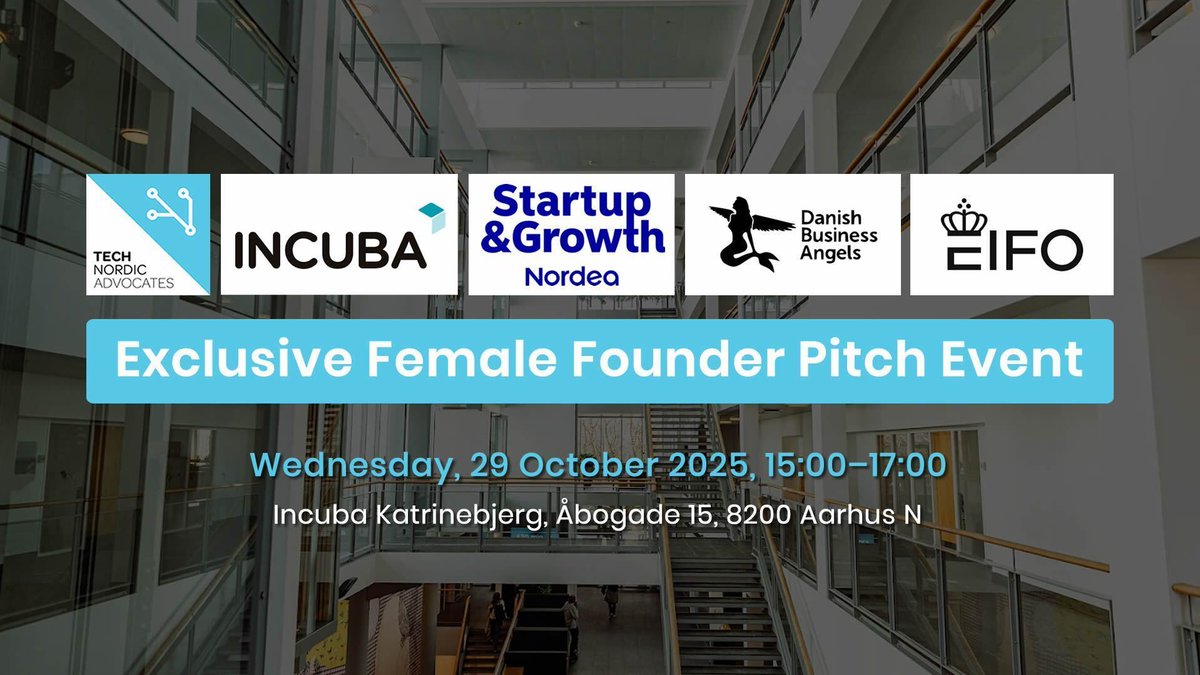 TechNordicAdv's tweet image. 🇩🇰 Announcing our upcoming &quot;Exclusive Female Founder Pitch Event&quot; in Aarhus. 
For the very first time in Aarhus, we will host a pitch event showcasing the strength of female-led tech companies.

👉Register now to attend, or to pitch your company on stage - buff.ly/NEC7jUK