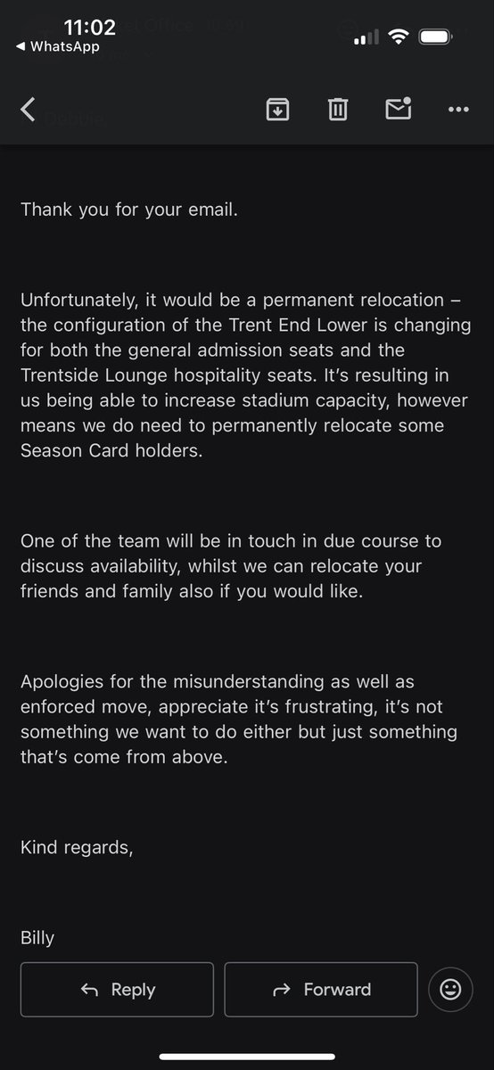 A permanent move from seats we’ve had for 15 years next to many friends, right in the middle of a season. Wow. #nffc