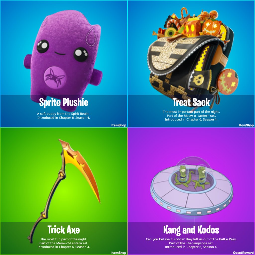 These cosmetics are all FREE! #Fortnite 

- Sprite Plushie: Log-in reward
- Treat Sack and Trick Axe: Twitch Drops
- Kang and Kodos Glider: Quests