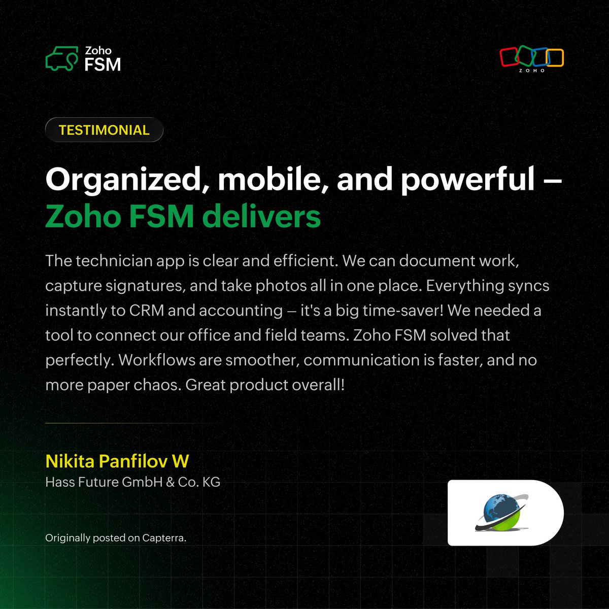 When your field operations run smoother, your customers feel it too.
That’s exactly what Hass Future GmbH &amp; Co. KG experienced with Zoho FSM. Hear what Nikita has to say about how it transformed their business.
Start your free trial: zurl.co/NRk4g
#ZohoFSM #Zoho <a href="/Zoho/">Zoho</a>