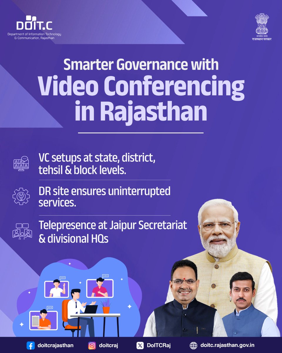 DoITCRaj's tweet image. Rajasthan is transforming governance with next-gen video conferencing and telepresence solutions, bringing speed, transparency and efficiency to every level of administration.
#DOITC #VIDEO_CONFRENCING