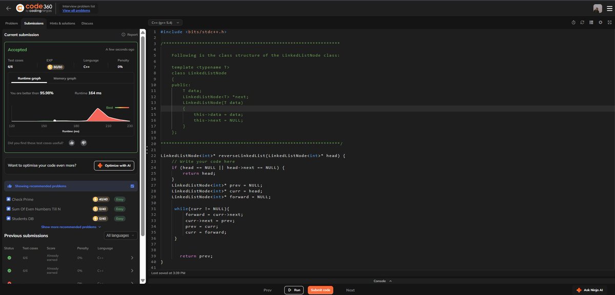 Anurags44798025's tweet image. 🚀 Day 73 of #100DaysOfCode
Today I solved the classic “Reverse a Linked List” problem
Simple. Clean. Efficient.
Sometimes, elegance is just 3 pointers away ✨
#Cplusplus #CodeNewbie #100DaysOfCode #DSA