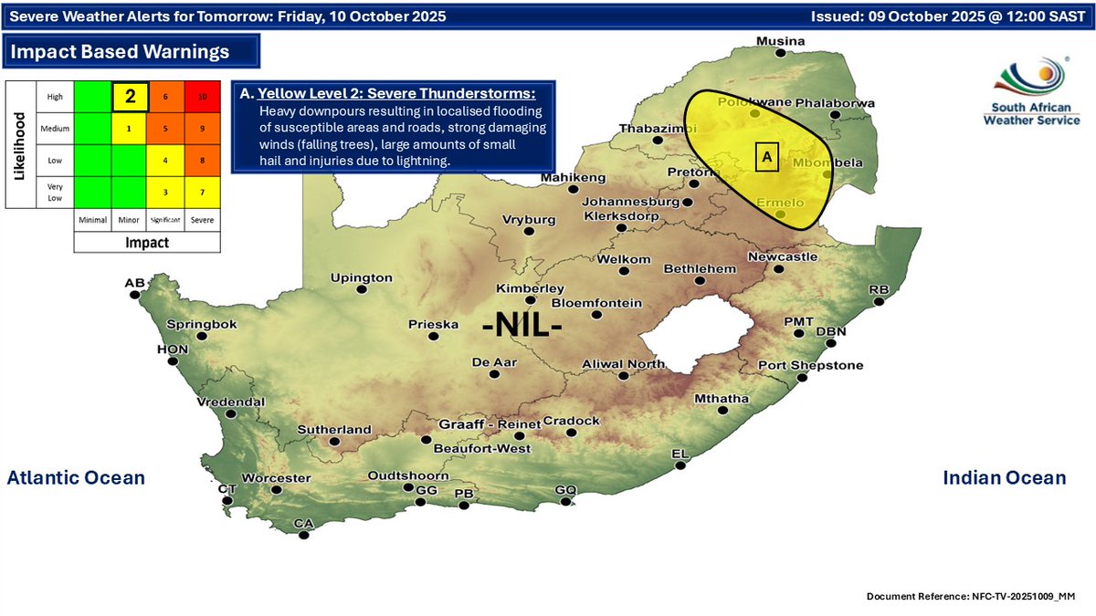 Weather forecast for today &amp; tomorrow, 09 - 10 October 2025.
Partly cloudy &amp; warm to hot conditions are expected, with a possibility of isolated to scattered showers &amp; thundershowers over the central &amp; eastern parts of the country.
#saws #weatheroutlook #southafrican
