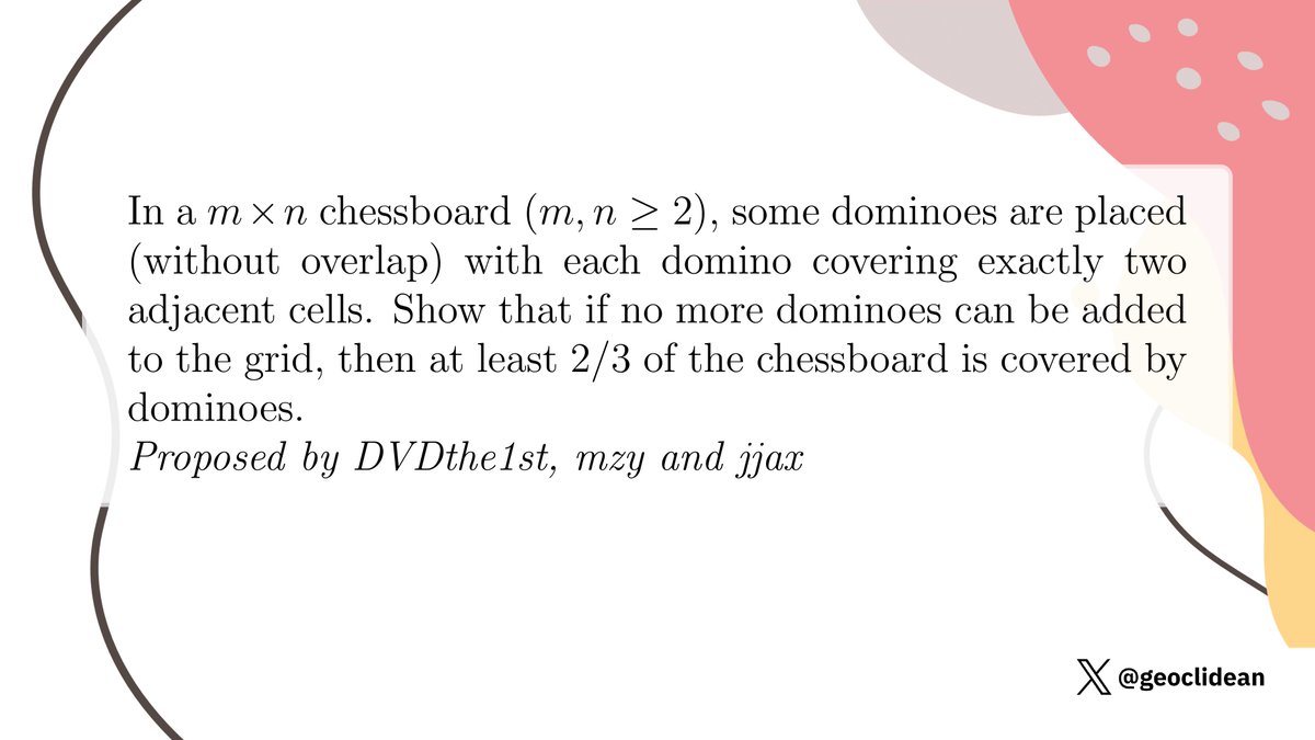geoclidean's tweet image. Minimum dominoes to cover rectangular grid
#Combinatorics