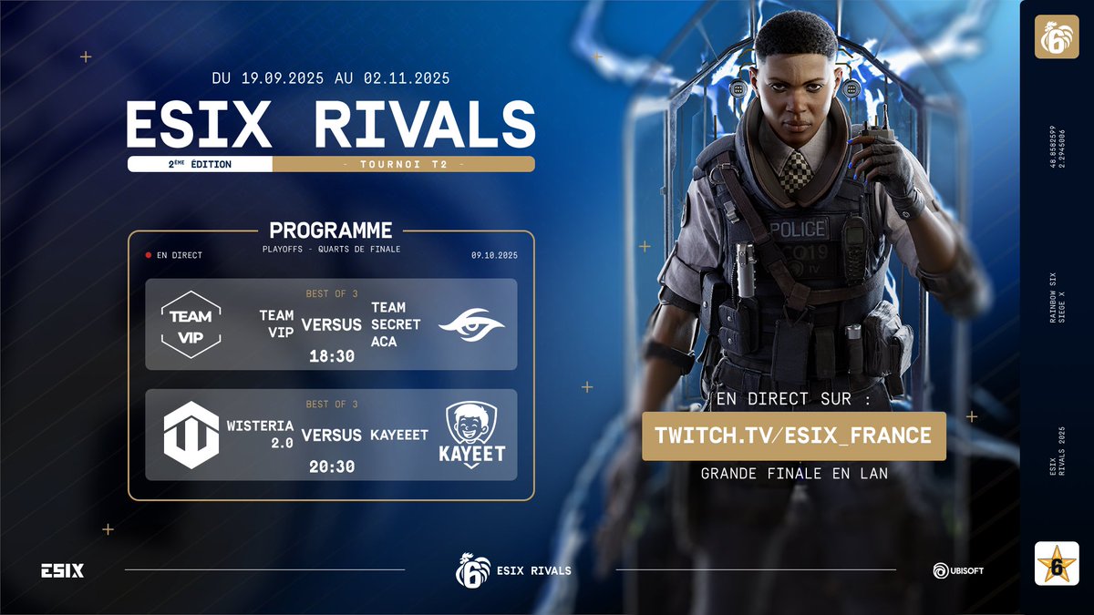 Les deux derniers quarts de finale d'ESIX Rivals c'est ce soir dès 18H30 ! Deux équipes françaises en lice pour une place en demi-finale 👊 #ESIXRivals 

🎙️ <a href="/fofiopathe/">Fio'</a> &amp; <a href="/notFuZeAL/">Antoine</a> 
📺 twitch.tv/esix_france