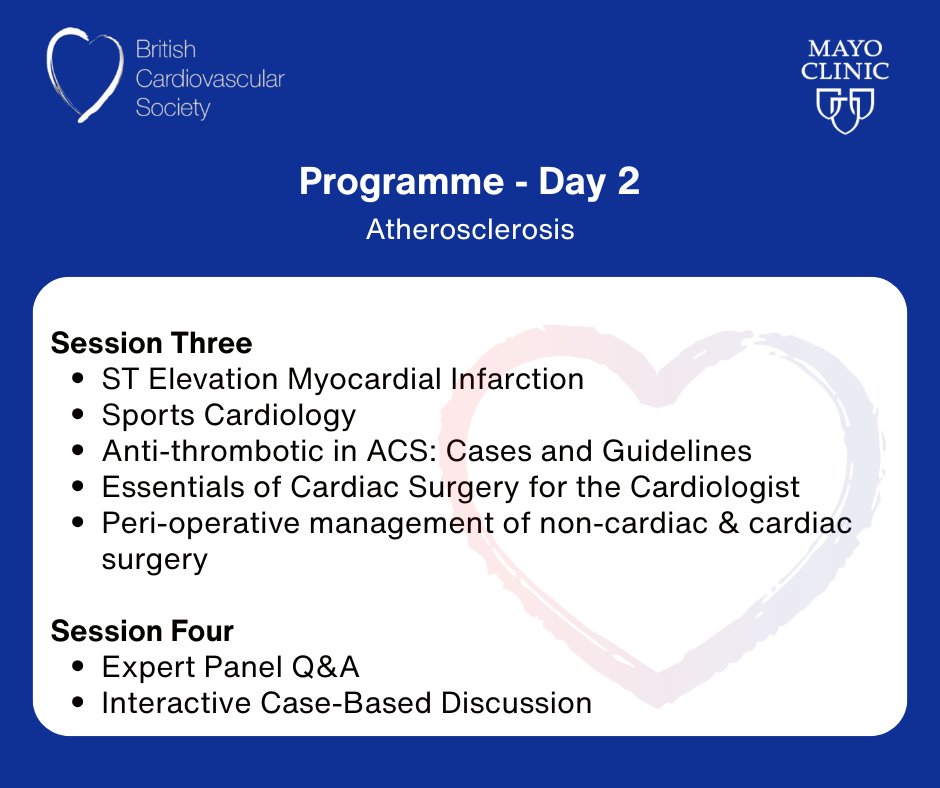 ⭐️ BCS &amp; <a href="/MayoClinic/">Mayo Clinic</a> Cardiology Review Course 2026 ⭐️

Take a look at Day 2 of the five day programme, which will focus on Atherosclerosis. 

Our leading course is the perfect way to refresh your knowledge and help prepare for taking the EECC or for revalidation.

It takes place