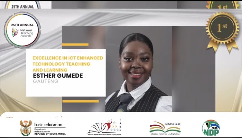 TheGyal_'s tweet image. A huge congratulations to Esther Gumede from Gauteng 🏆👏🏾

Winner of the Excellence in ICT Enhanced Technology Teaching and Learning category! 💻✨

Your innovation in the classroom inspires a generation ready for the future. 🌟
#NTA2025 @DBE_SA @Siviwe_G
