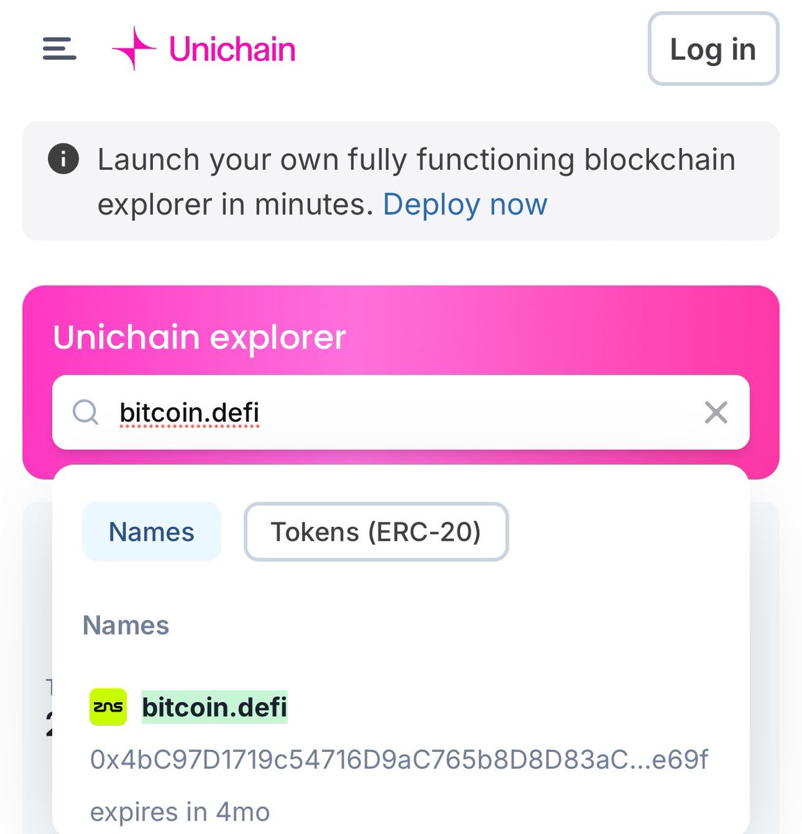 ZNSConnect's tweet image. 🚀 ZNS names x Unichain is LIVE!
You can now search, resolve & explore your .defi domains directly on @unichain — fully integrated with @blockscout
The future of Web3 identity just got faster, smoother, and on-chain! ⚡️
🔗 unichain.blockscout.com/name-domains?o…
#ZNS #Unichain…
