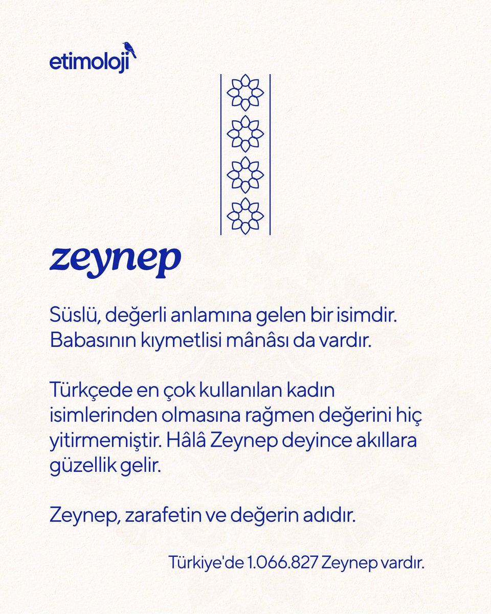 Zeynep adının genelde zeyn-âb “babasının ziyneti” olarak yorumlansa da Nişanyan, bu görüşün dayanaksız olduğunu söylüyor.

Ona göre Zeynep adı efsaneleşmiş Arap
kraliçesi Zennube'den geliyor. 

Nereden gelirse gelsin Zeynep Türkçenin en güzel isimlerinden.