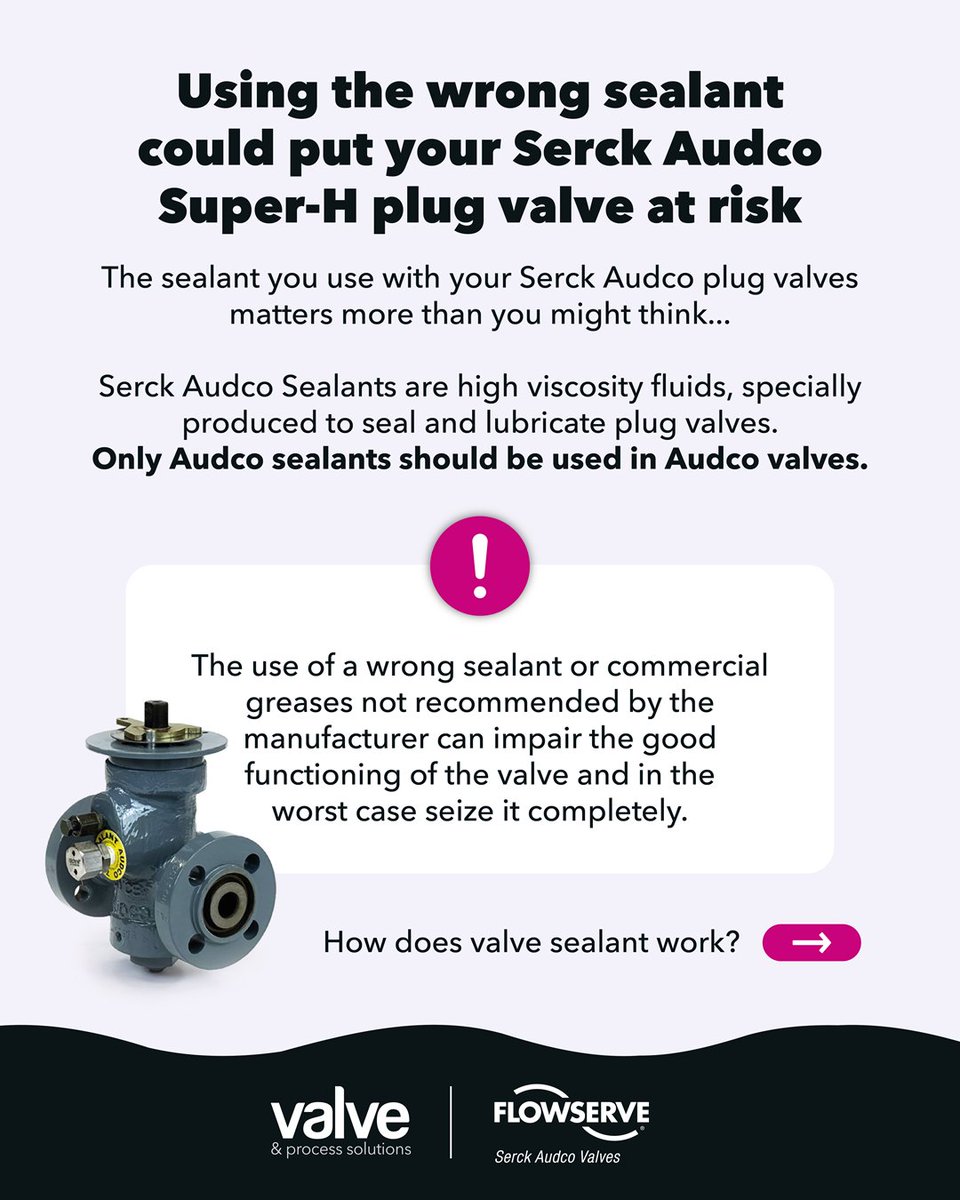 ValvePS's tweet image. The sealant you use with your #SerckAudco valves matters more than you might think and using the wrong sealant could put your valve at risk of not functioning properly. ⚠️

Always ensure you only use #SerckAudcoSealants with your Serck Audco valves! ✅

#Flowserve #ValveSealants