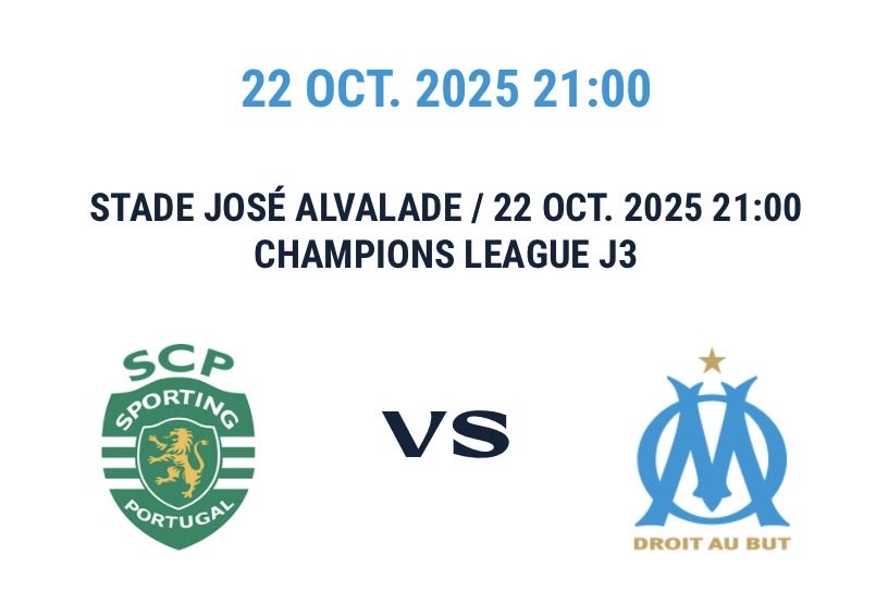 Sporting Lisbonne vs OM
🗓️⏱️ 22/10 à 21h

Places dispo:
🎟️ - Parcage OM
🎟️ - Tribune latéral 

💬📲 DM si intéressé
☝🏻 100% confiance : Preuves de vente/Retours satisfaction
#TeamOM #SCPOM #uefachampionsleague