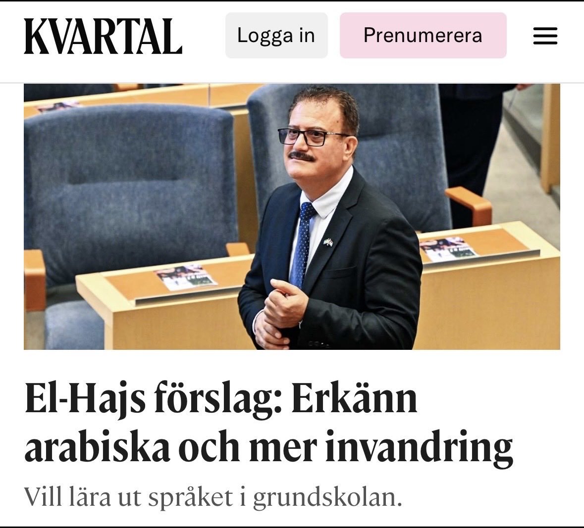 Varför tillåts sådana här personer överhuvudtaget komma i närheten av politik i Sverige? (Socialdemokraterna lät det ske). Han vill utan att säga det högt att svenskarna ska försvinna, han vill göra Sverige till ett kalifat och han har inget intresse av oss, vår kultur eller vårt