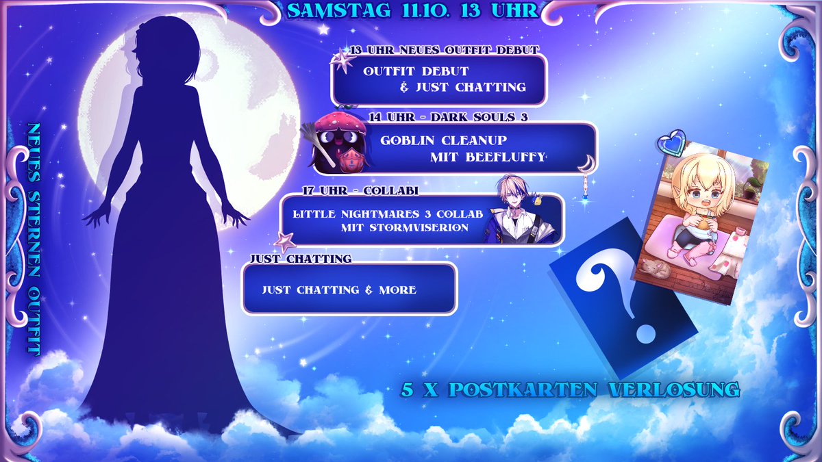 ✨ Heyho liebe Waldgeister! ✨
Am Samstag um 13 Uhr ist es endlich soweit, das Outfit Debut unserer Sternenelfe steht an! 
Wir sind schon super aufgeregt x.X

Freut euch auf:
- ein frisches Overlay
- neue Emotes
- und ein Giveaway mit 5 Postkarten!

 Zu gewinnen gibt es :
💌 3x