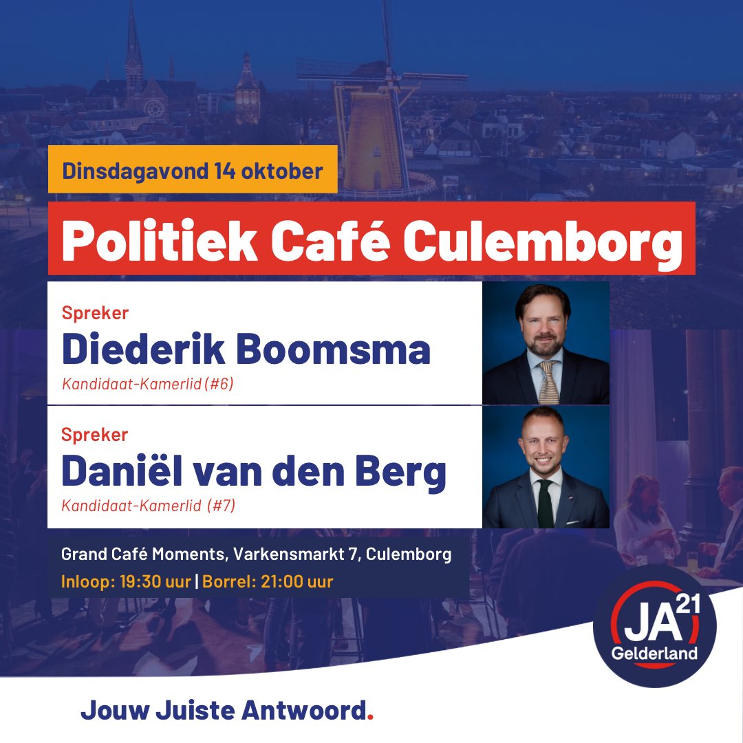 Dinsdagavond 14 oktober organiseert JA21 Gelderland een politiek café in Culemborg. Met Kandidaat-Kamerleden <a href="/DiederikBoomsma/">Diederik Boomsma</a> (#6) en <a href="/JA21Daniel/">Daniël J. van den Berg</a> (#7). Kom langs en praat mee over thema’s als asiel en energie!

🎟️ via eventbrite.nl/e/politiek-caf…