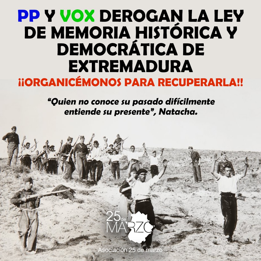 💚🤍🖤 ¡No a la derogación de nuestra memoria como pueblo trabajador extremeño!

¡Organicémonos para recuperarla! ✊

¡Fascismo, nunca más!