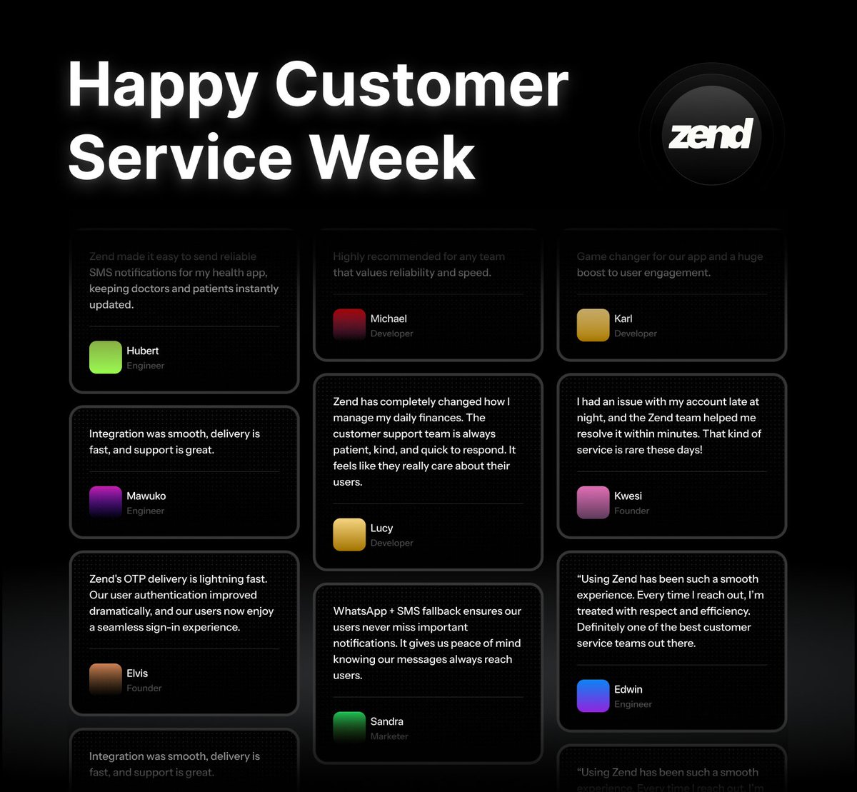 usezend's tweet image. It’s Customer Service Week 🎉
At Zend, our customers are at the heart of everything we do.
Thank you for trusting us, sharing your feedback, and helping us grow every day.
Here’s to continuing to serve you better today and always 💚
#CustomerServiceWeek #Zend