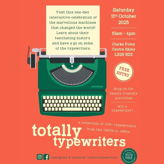 Ilkley & District u3a (@ilkleyu3a) on Twitter photo 🔠'Totally Typewriters' - free event tomorrow!
📆 Sat 11 Oct, 10 am-4pm
📌 <a href="/CFIlkley/">Clarke Foley Community Hub</a>, Cunliffe Road, Ilkley
🔠 See 100+ machines from 1900s to 1980s - and even have a go on a typewriter yourself
👉 More details from <a href="/IlkleyChat/">Ilkley Chat</a>: ilkleychat.co.uk/post/totally-t… 🔠'Totally Typewriters' - free event tomorrow!
📆 Sat 11 Oct, 10 am-4pm
📌 <a href="/CFIlkley/">Clarke Foley Community Hub</a>, Cunliffe Road, Ilkley
🔠 See 100+ machines from 1900s to 1980s - and even have a go on a typewriter yourself
👉 More details from <a href="/IlkleyChat/">Ilkley Chat</a>: ilkleychat.co.uk/post/totally-t…