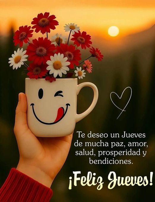 A hand wearing a red sleeve holds a white ceramic mug with a cartoon smiling face featuring a winking eye and sticking out tongue. The mug contains a bouquet of red and white flowers including daisies. In the background a sunset over green mountains with orange sky. Text overlay reads Te deseo un jueves de mucha paz amor salud prosperidad y bendiciones Feliz jueves. A small heart symbol appears near the mug.