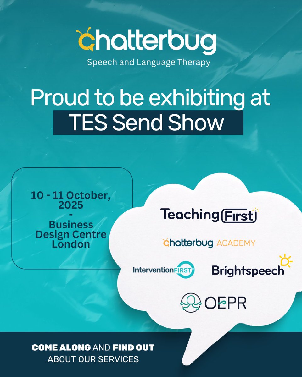 ChatterbugSLT's tweet image. London, here we come! 😉 Excited for the Tes SEND Event at the Business Design Centre on 10–11 Oct, celebrating innovation in education and supporting every child’s learning journey. #TesSEND2025 #NeurodiversityInAction #Chatterbug #SLT #ChildDevelopment