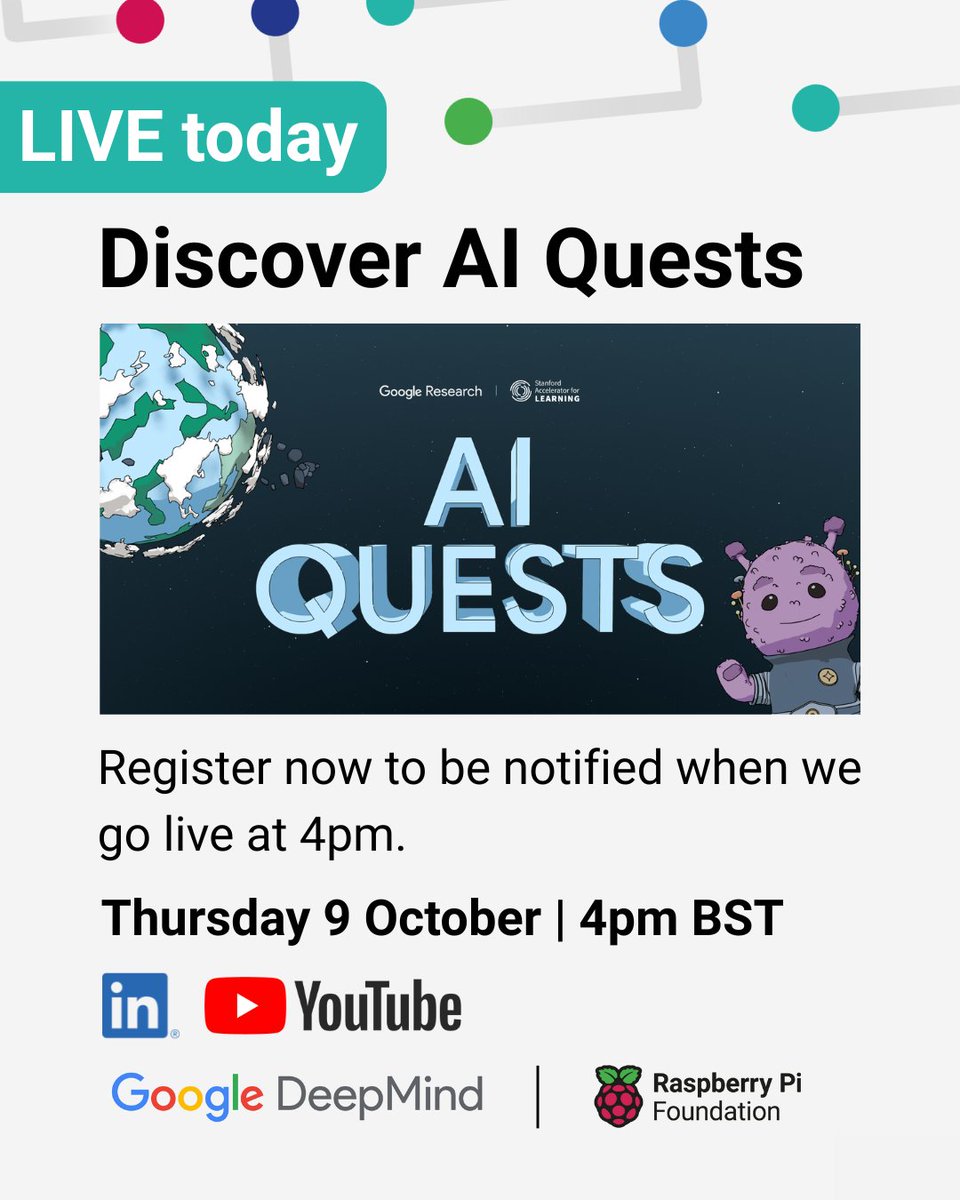 RaspberryPi_org's tweet image. Ready to explore AI Quests? 🙌

We’ll be live from 4pm (BST) alongside creators from Google Research and Stanford Accelerator for Learning to discuss this new resource.

Register your interest now:

YouTube: rpf.io/aiquests-yt
LinkedIn: rpf.io/aiquests-li

#AIQuests