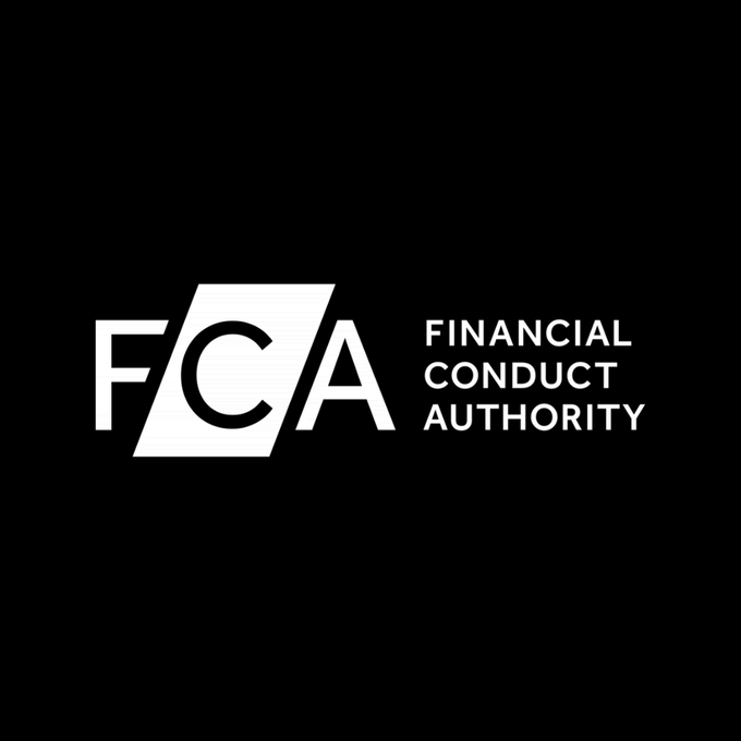 Black background with white angled rectangular shapes forming the letters FCA above the words Financial Conduct Authority in white text