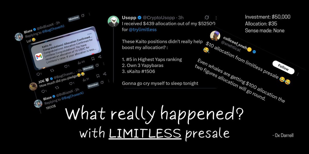 K_darrell0x1's tweet image. &quot;WTF? @trylimitless I pledged $50k and got an allocation worth $35!&quot;

You probably saw tweets like this yesterday.

But you had no clue exactly:

- What happened.
- And most importantly, why such a high pledge yielded a little allocation.

Let me break it down 👇🏾