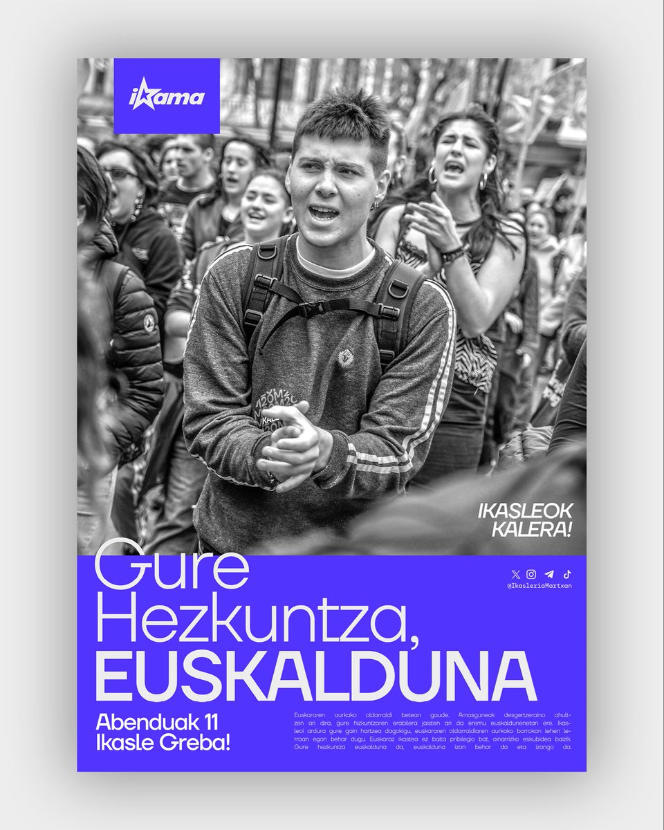 Euskara jasaten ari den oldarraldiaren aurrean, ikasleok gure hizkuntzaren defentsan jardungo dugu.

Abenduaren 11an, euskal ikasleok kaleak hartuko ditugu. Gure hezkuntza, euskalduna!