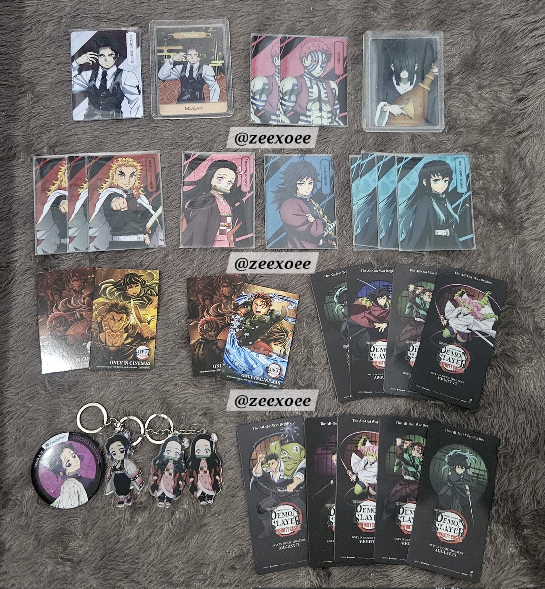 xeesoe's tweet photo. wts sell merch demon slayer

- card familymart famima: muzan, akaza, nakime, rengoku, nezuko, giyu, mui, nezuko
- card chatime muzan
- keychain nezuko shinobu
- pin shinobu 
- trading card TC cinepolis tanjiro giyu-demon &amp; mui gyomei-demon
- collectible ticket (CT) cgv set A https://t.co/1zUSC78zlO