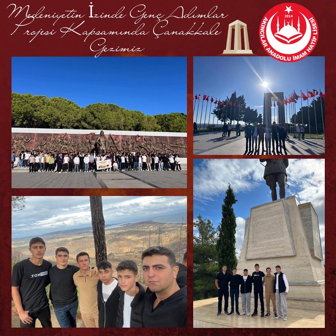 Gençlik ve Spor Bakanlığı Gençlik Hizmetleri Genel Müdürlüğüne bağlı “Medeniyetin İzinde Genç Adımlar” projesi kapsamında gerçekleştirdiğimiz Çanakkale gezimiz. 🇹🇷
⁦<a href="/sivasvaliligi/">Sivas Valiliği</a>⁩ 
⁦<a href="/sivasmem/">Sivas Millî Eğitim Müdürlüğü</a>⁩ 
⁦<a href="/TC_Akincilar/">T.C.Akıncılar Kaymakamlığı</a>⁩ 
⁦<a href="/ALarmeb/">Akıncılar İlçe Milli Eğitim Müdürlüğü</a>⁩