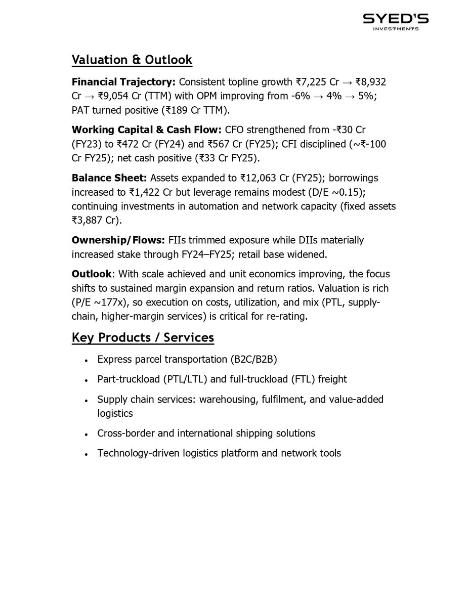 SyedsInvest's tweet photo. Delhivery Ltd. has turned profitable this year marking a major milestone in its journey. The company is showing steady improvement in both revenue and profits on a quarterly basis, while maintaining consistent margins.

We conducted a three-year financial and stock analysis of the company 

#Delhivery #StockMarketIndia