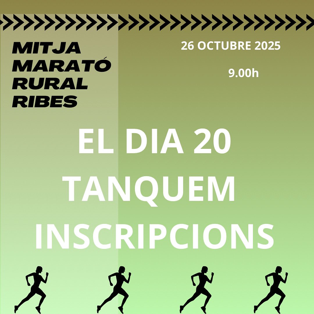 EL DIA 20 TANQUEM INSCRIPCIONS
per la Mitja Marató Rural de Ribes del 26 d’Octubre (amb el canvi horari).
Nous recorreguts de #21K #10K i #CAMINADA10K 
IMPRESCINDIBLE portar got. 
NO es poden portar animals.
Entrepà de butifarra (correu per opcions veganes o alèrgies).
#MMRRibes